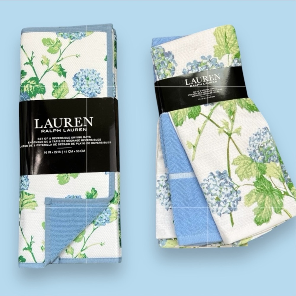 Ralph Lauren - ‘Hydrangea - bundle ‘ Dish towels (3) & Drying mats (2) NWT Firm!